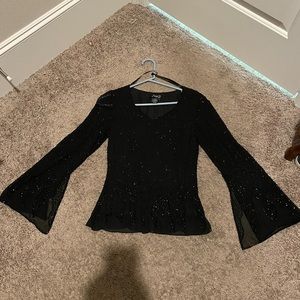 Sequined bell sleeve top with matching pants.